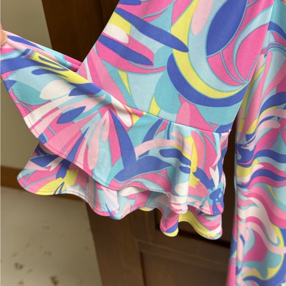 Pappagallo pastel Floral Multicolor Dress 3/4 ruffle belle sleeve MED - Picture 5 of 6